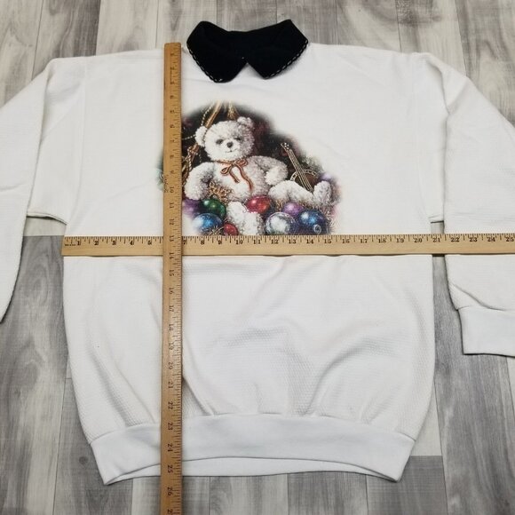 ✅Womens M VTG Ugly Christmas Sweater White Embossed Teddy Bear Janet Kruskamp - Picture 5 of 12